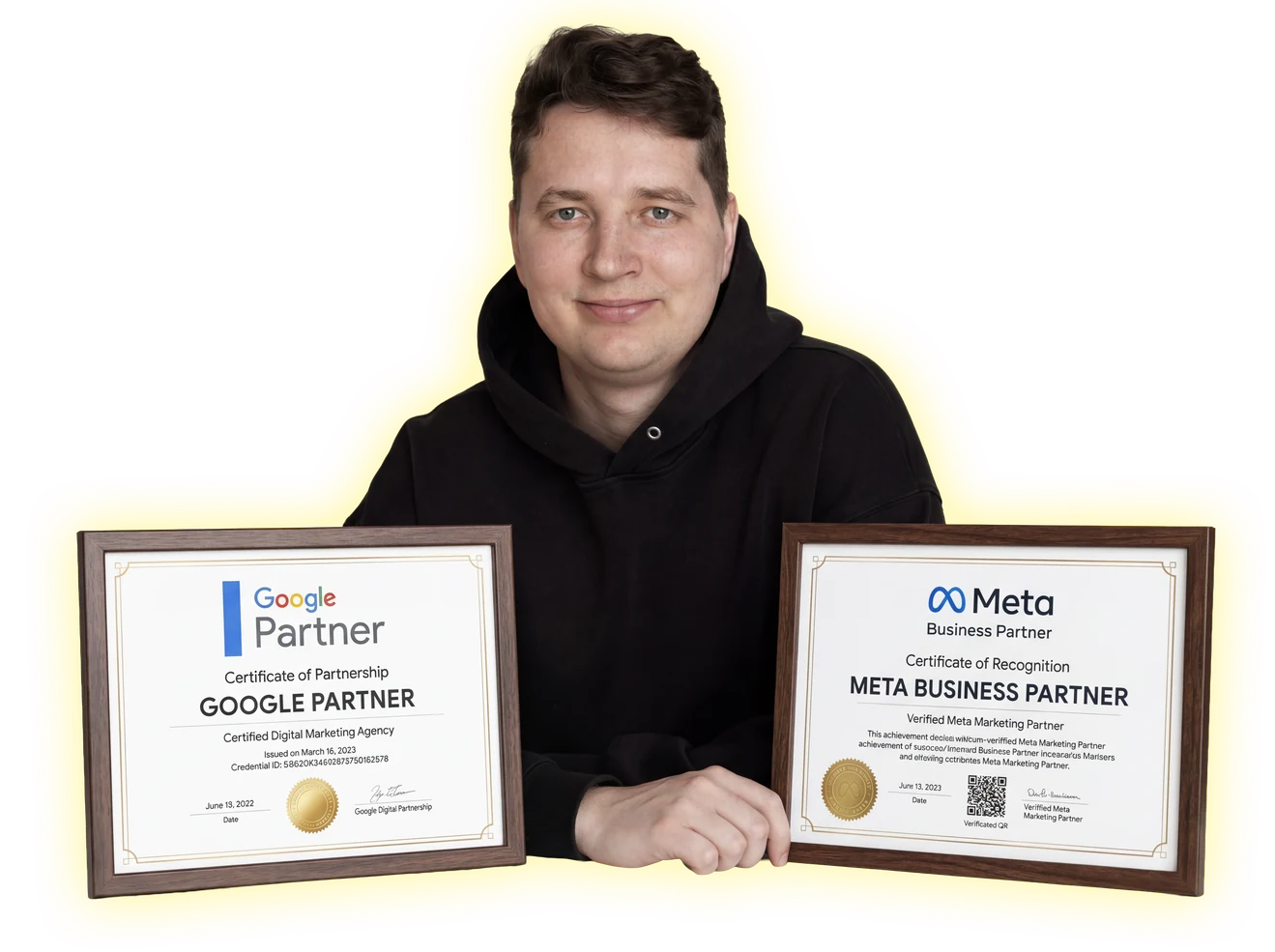 Дмитро Целмс із сертифікатами Google Partner і Meta Business Partner